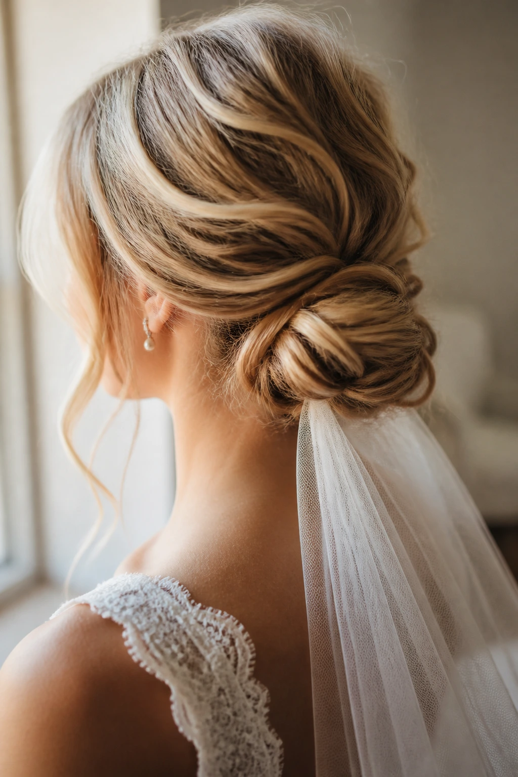 Close-up of textured knot with veil anchor on bridal hairstyle