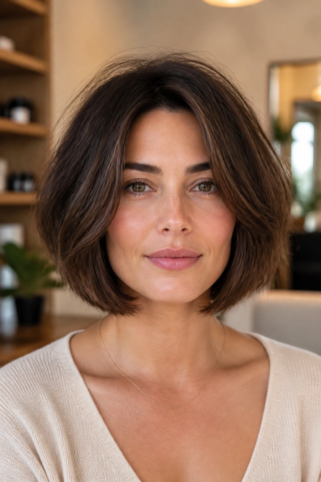 Close-up of a real woman with a textured layered bob suited for thick hair in a warm setting.