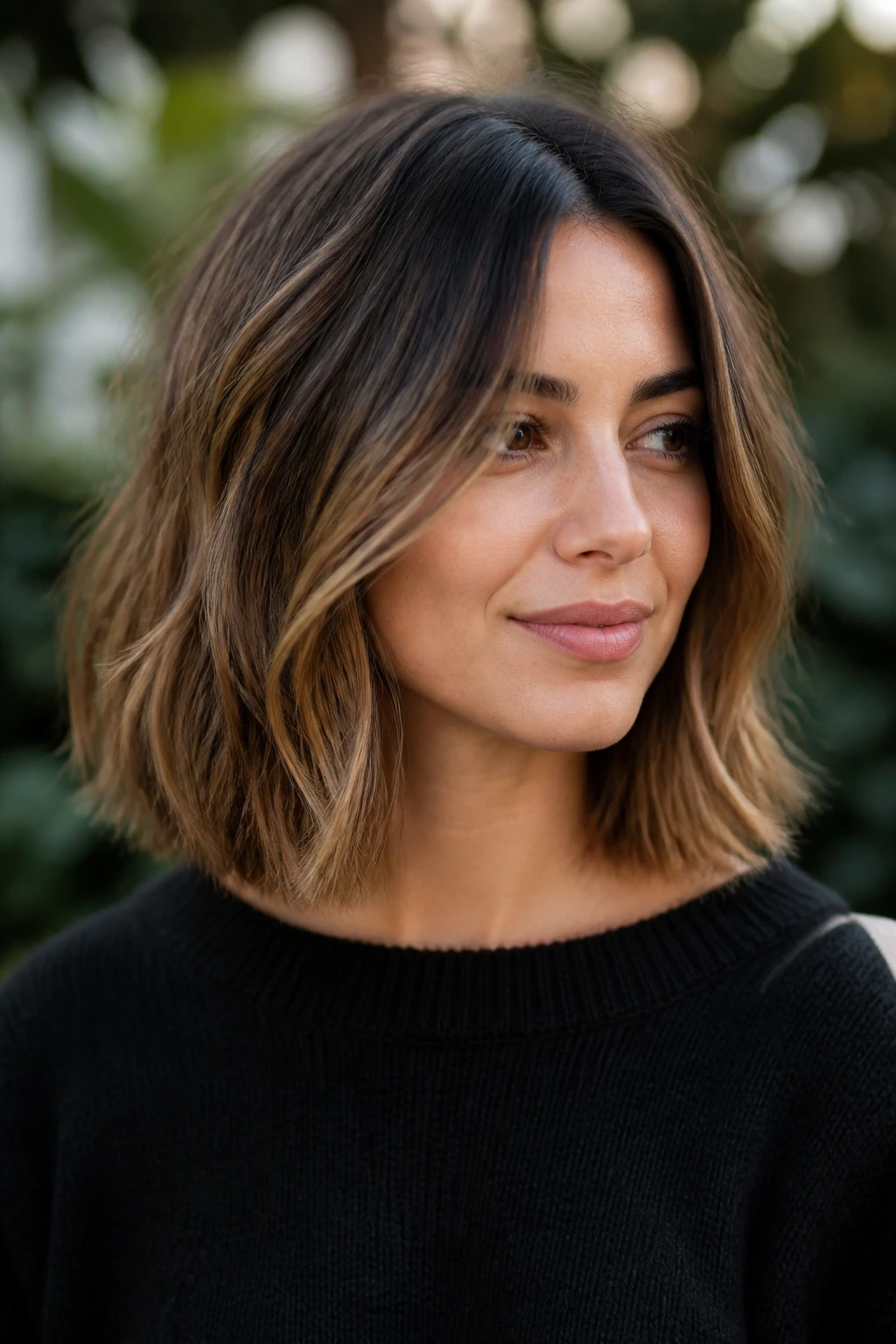 Close-up of a real woman with a textured lob and beveled ends in natural light