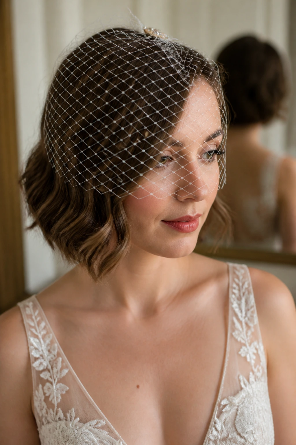 Portrait of bride with textured lob and birdcage veil