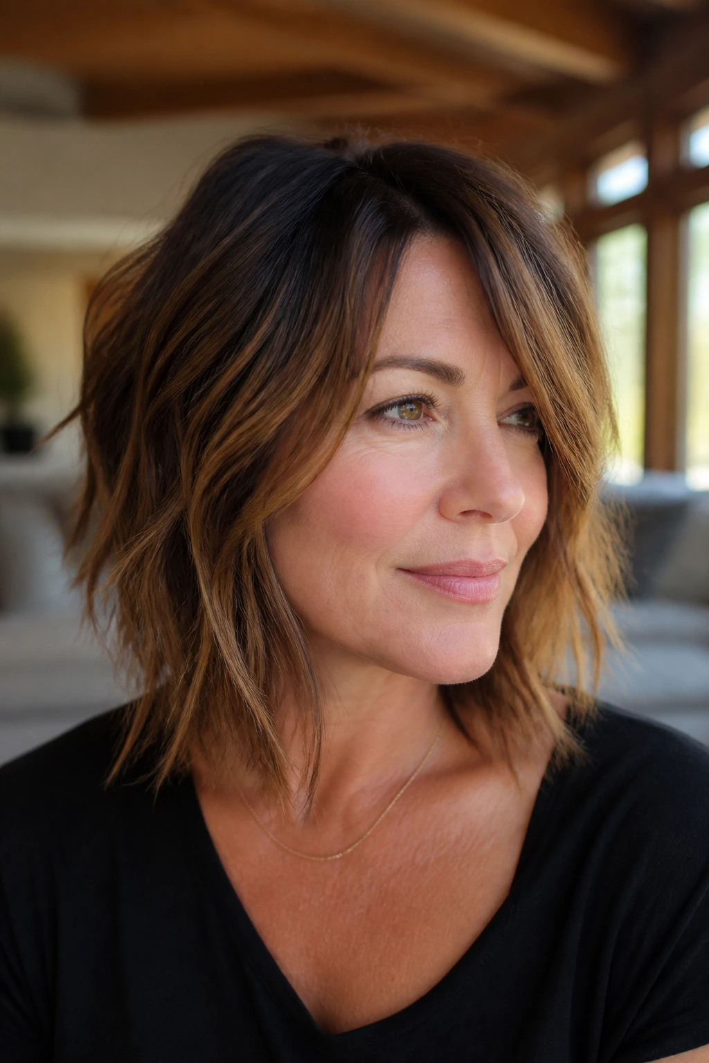 Close-up portrait of a woman with a textured lob and choppy ends in warm natural light.