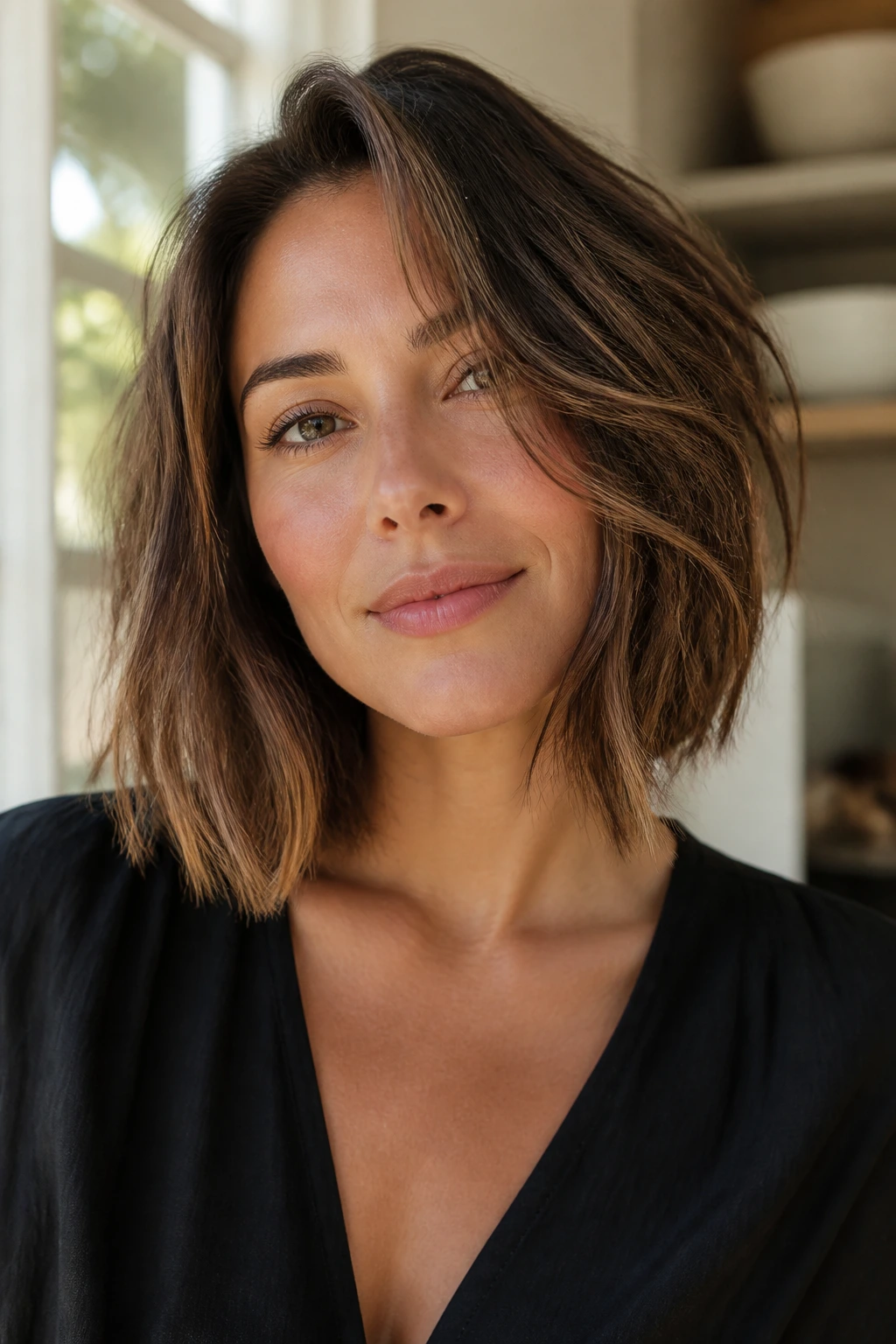 Close-up of a real person with a textured lob and choppy ends.