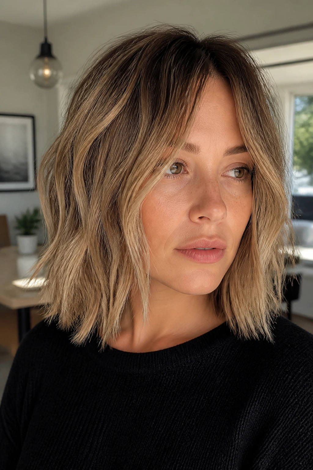 Close-up of real person with textured lob and choppy ends