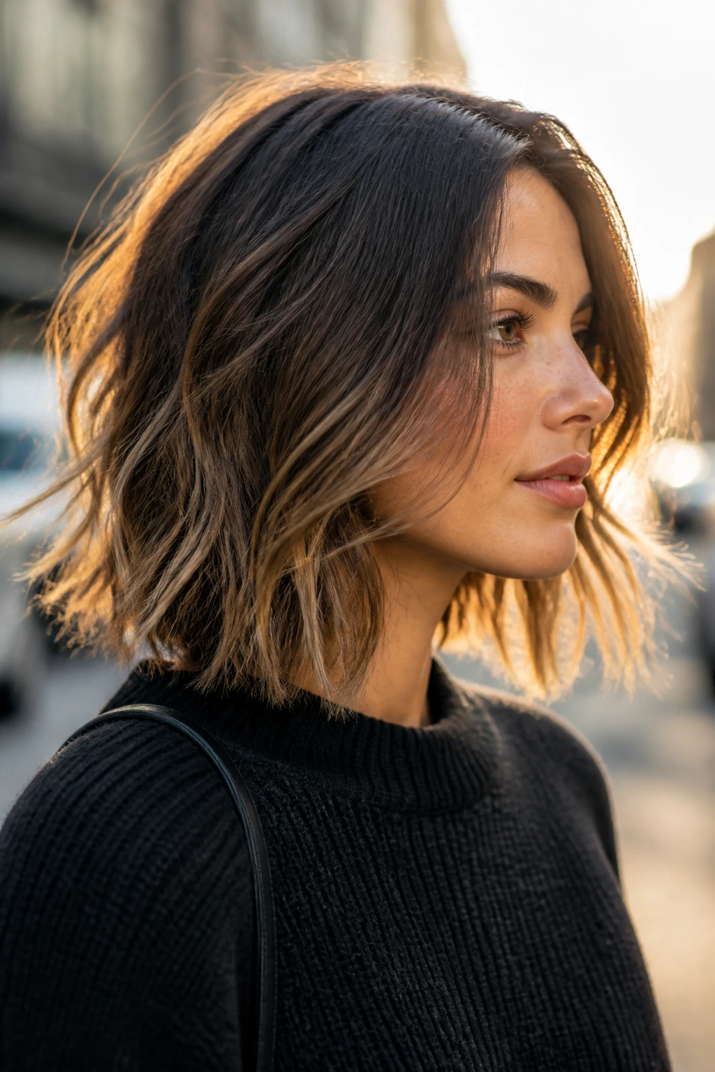 Close-up portrait of a real woman with a shoulder-length textured lob and choppy ends