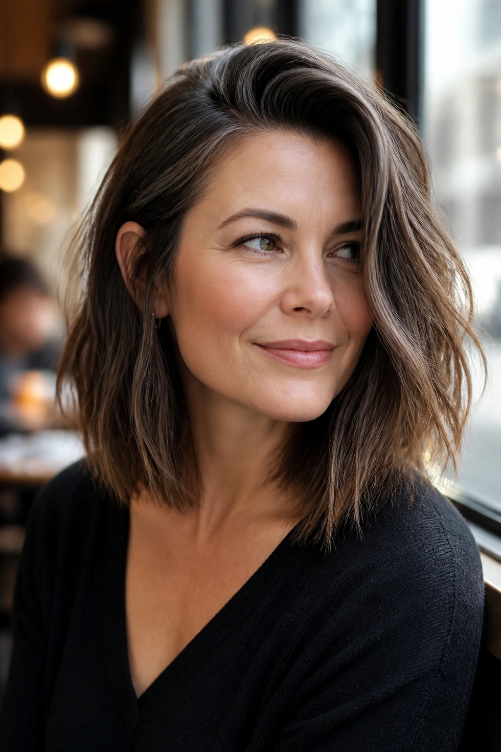 Portrait of a real person with a textured lob and deep side part under warm daylight.