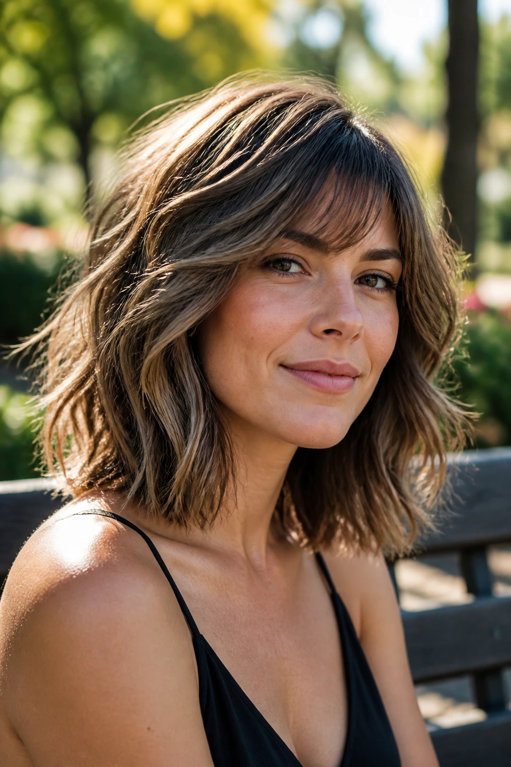 Close-up of a woman with textured wavy lob and feathered side fringe