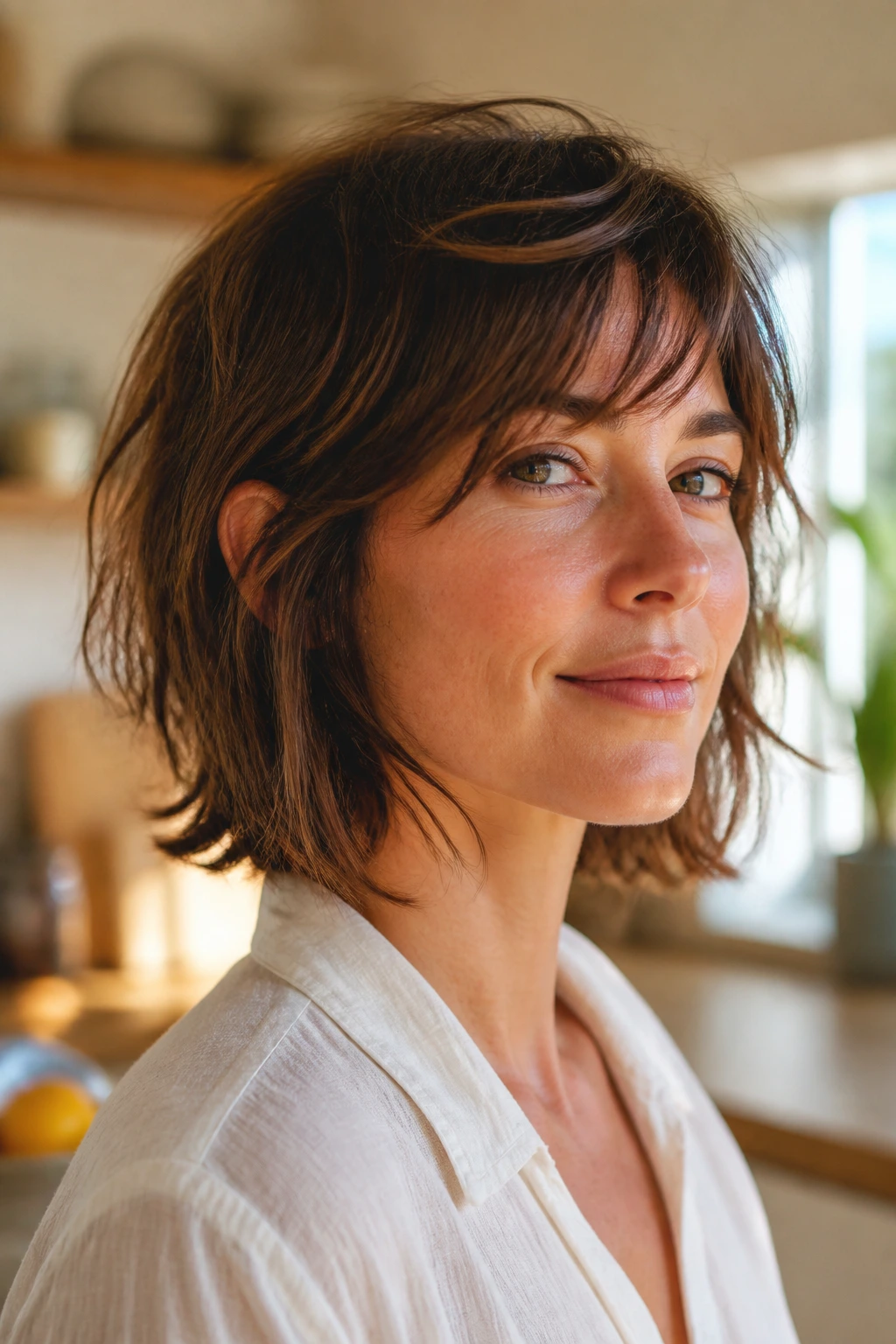 Person with a textured lob or soft bixie in a sunlit kitchen