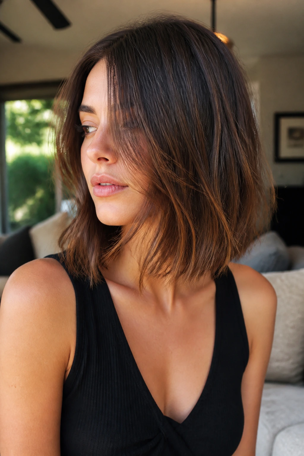 Close-up of a real woman with a Textured Lob That Moves When You Turn Your Head; piecey ends
