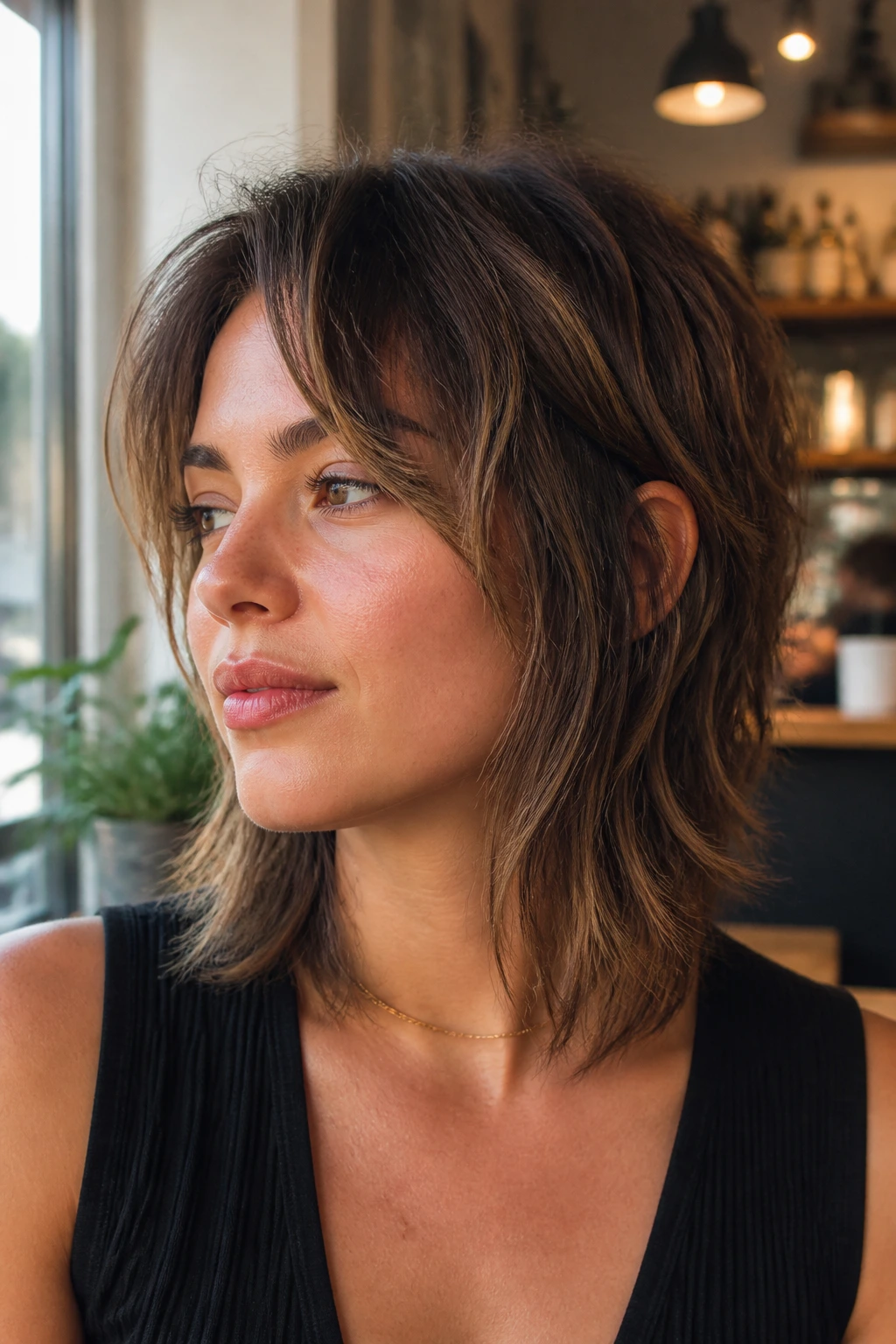 Close-up of a woman with a textured lob mullet featuring collarbone-length front and longer back, in warm daylight at a cafe.