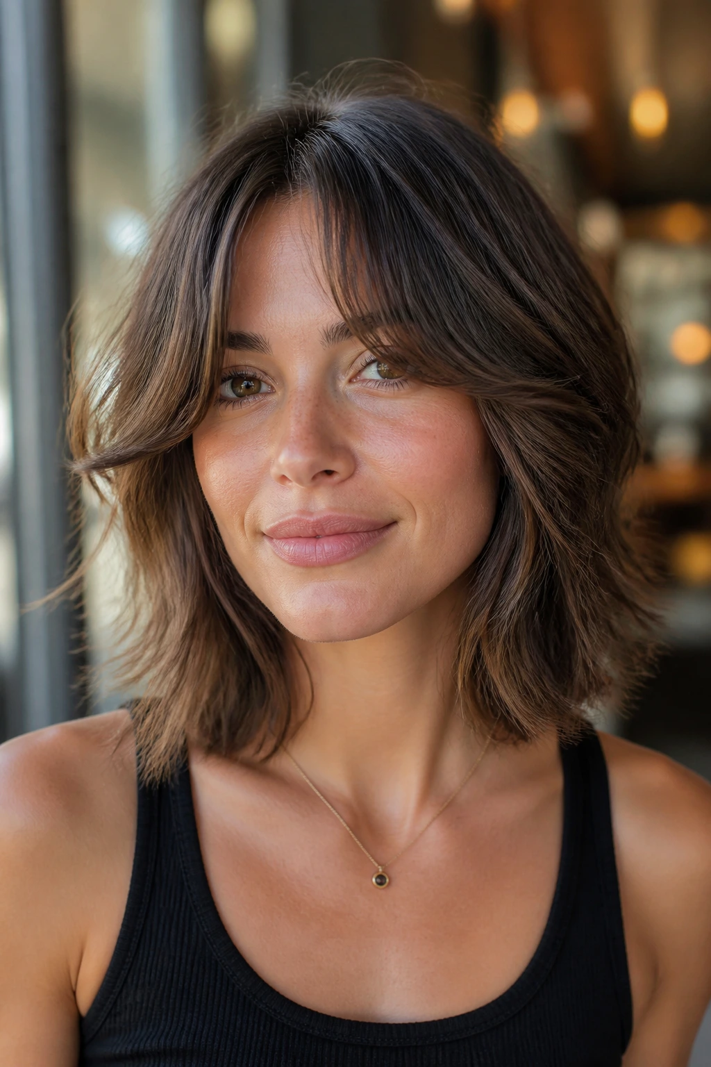 Close-up of textured lob with center-fall fringe on a real woman