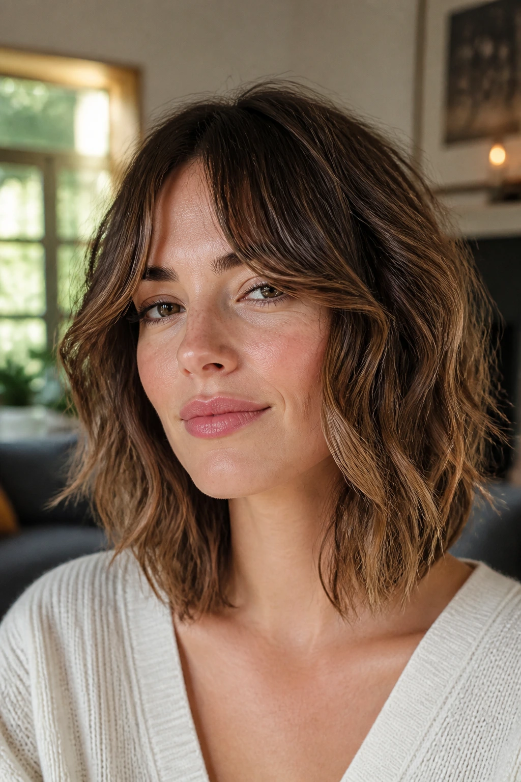 Close-up real-person portrait with textured lob shag and center-part curtains