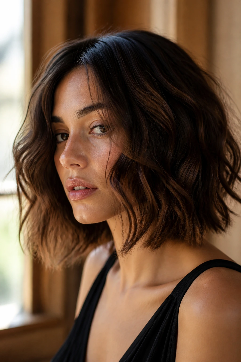 Close-up portrait of a real woman with a textured wavy lob under warm window light