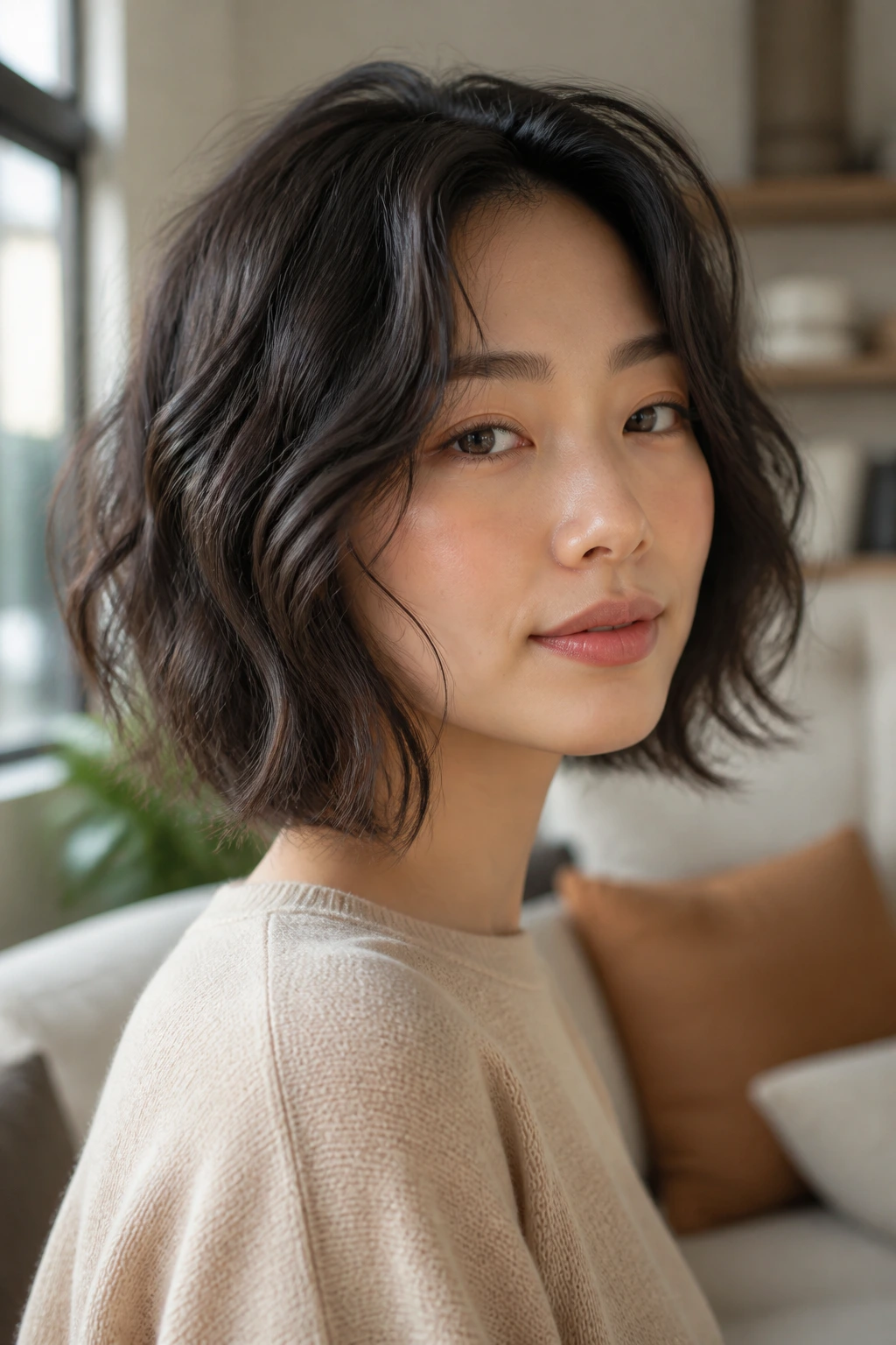 Close-up of a real woman showing a textured lob with natural waves