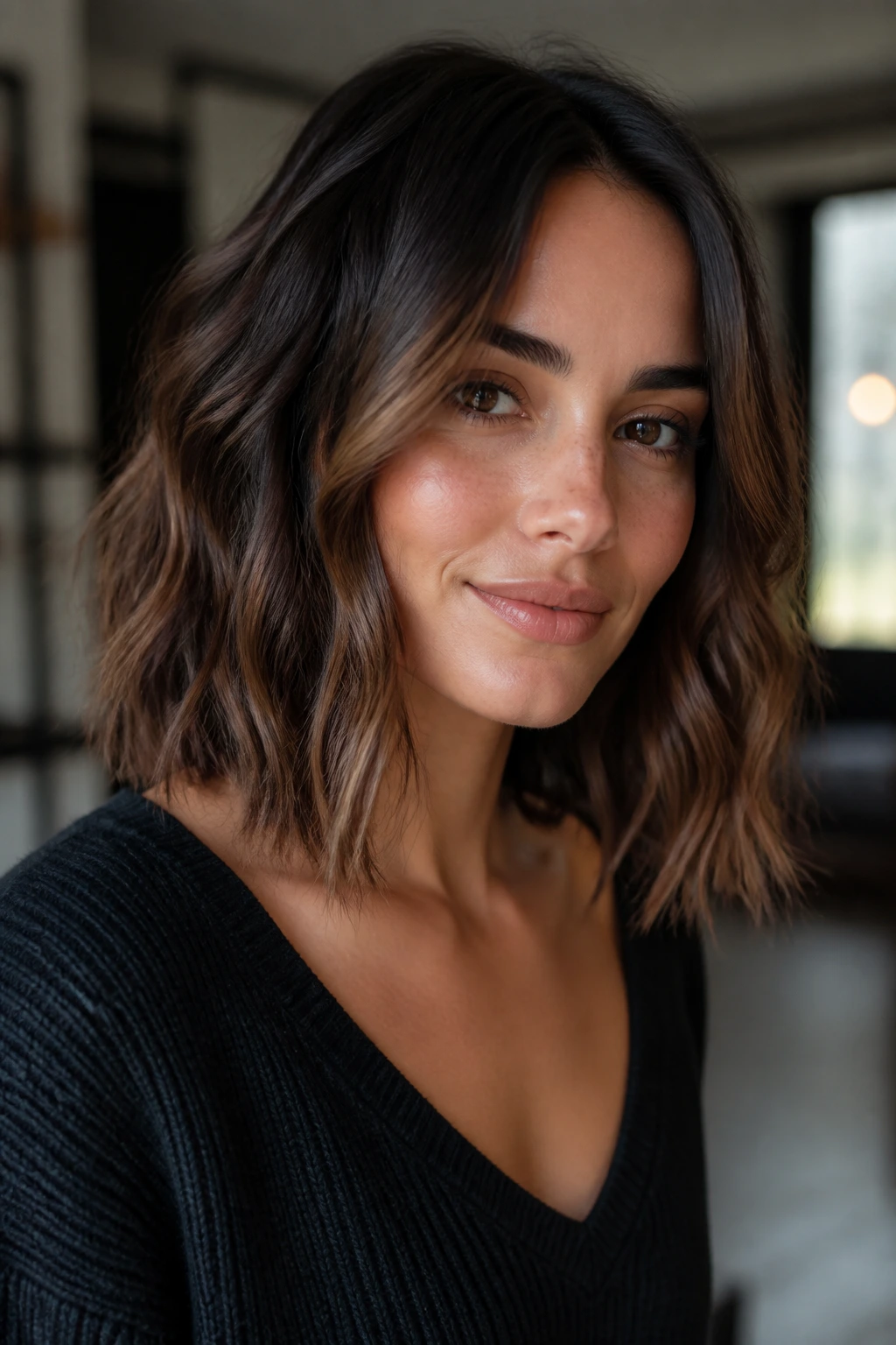 Close-up of a real woman with textured lob waves