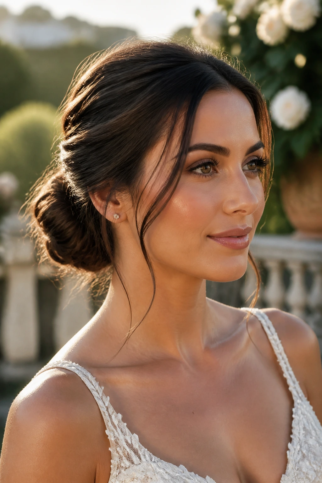 Real bride with textured low bun and face-framing tendrils