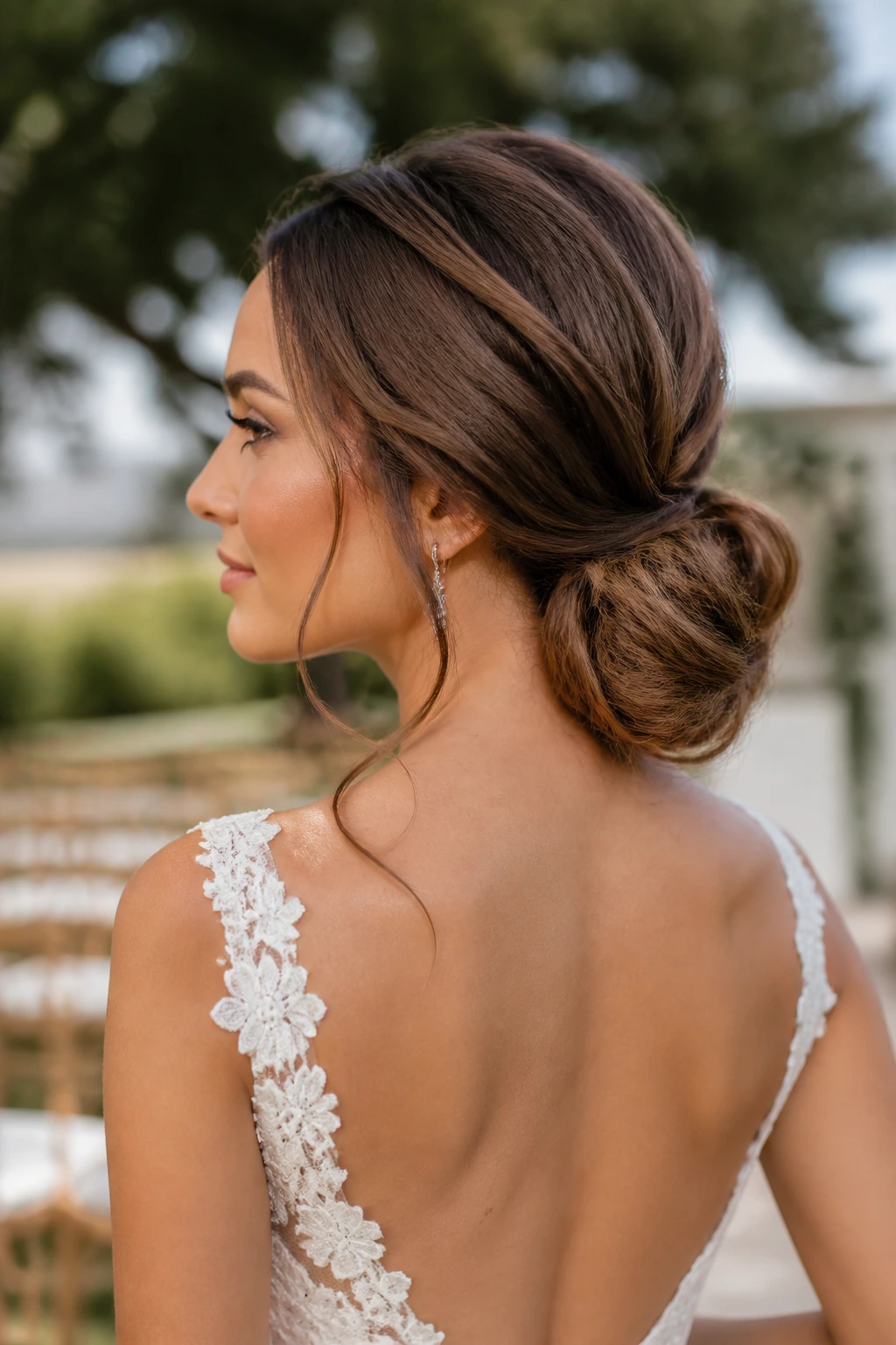 Bride with a textured low knot at the nape