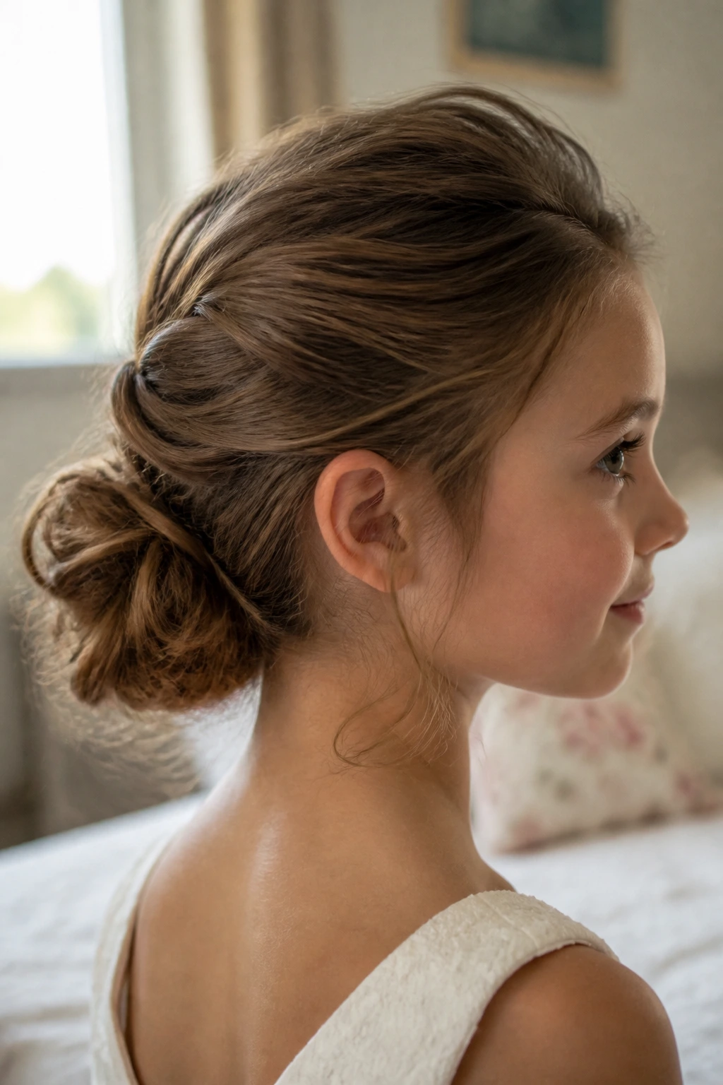 Child with textured low knot bun at nape in soft bedroom light