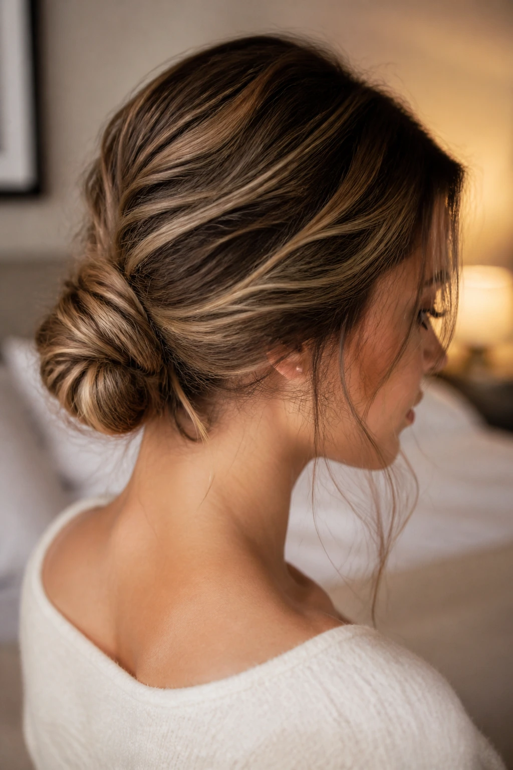 Close-up portrait of a real woman with a textured low knot