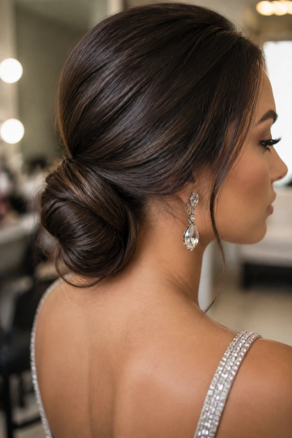 Real woman wearing a textured low knot with a polished finish