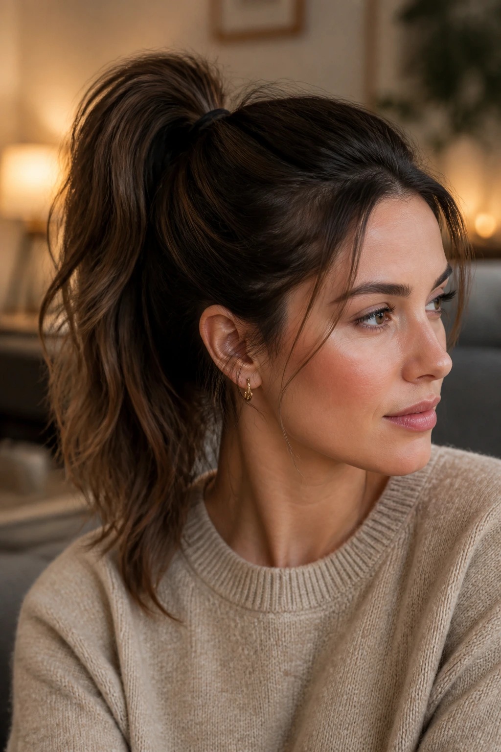 Close-up of a real woman with a textured matte ponytail in warm indoor light