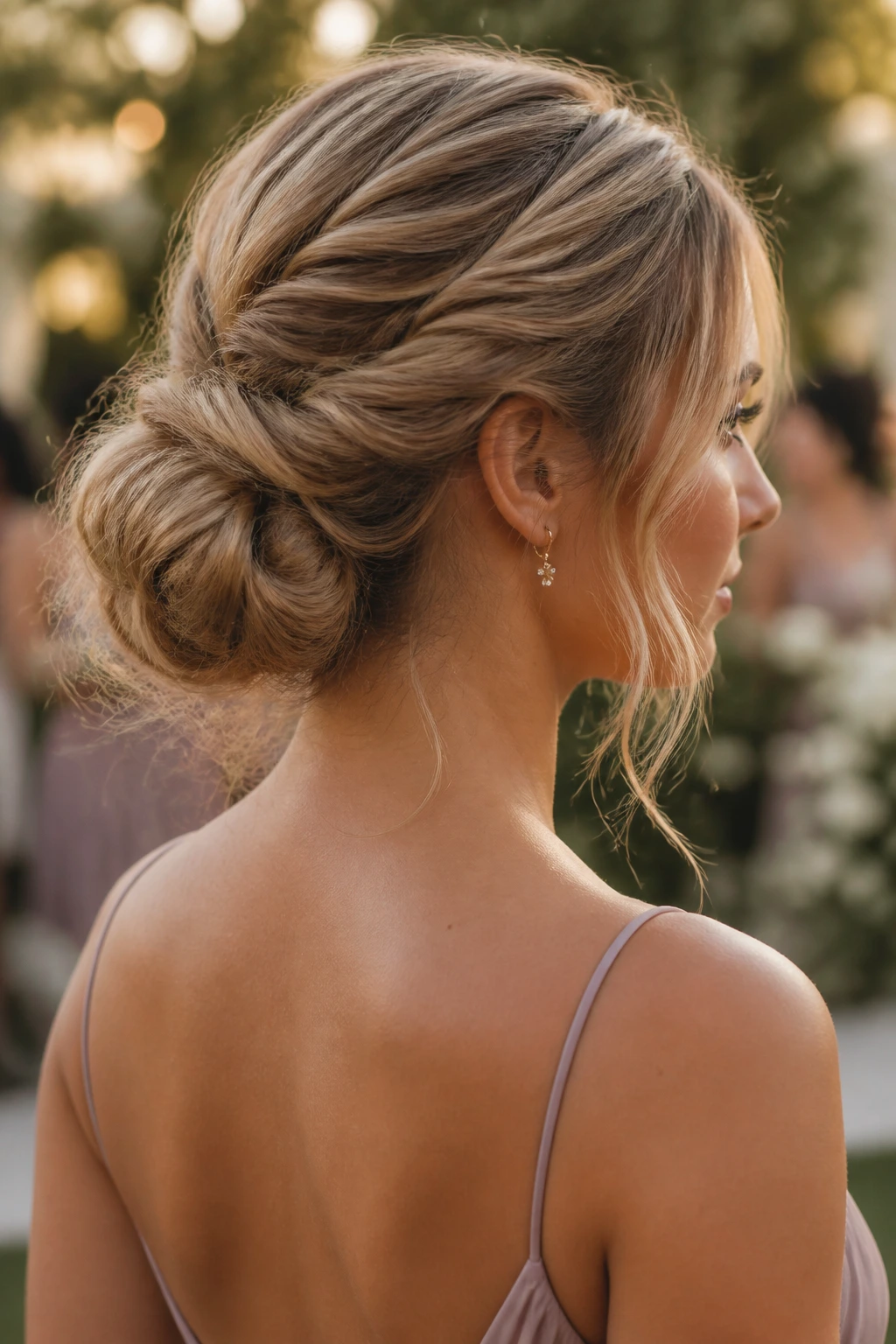Close-up of a woman with a textured messy bun outdoors