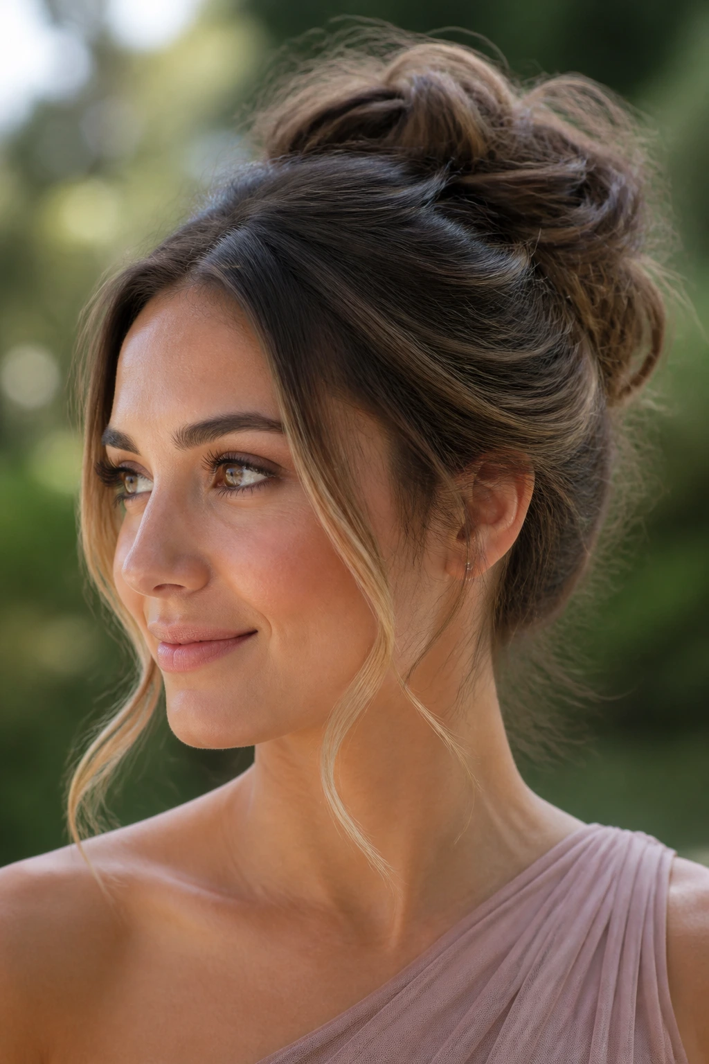 Close-up of a real bridesmaid with a textured messy bun and face-framing pieces