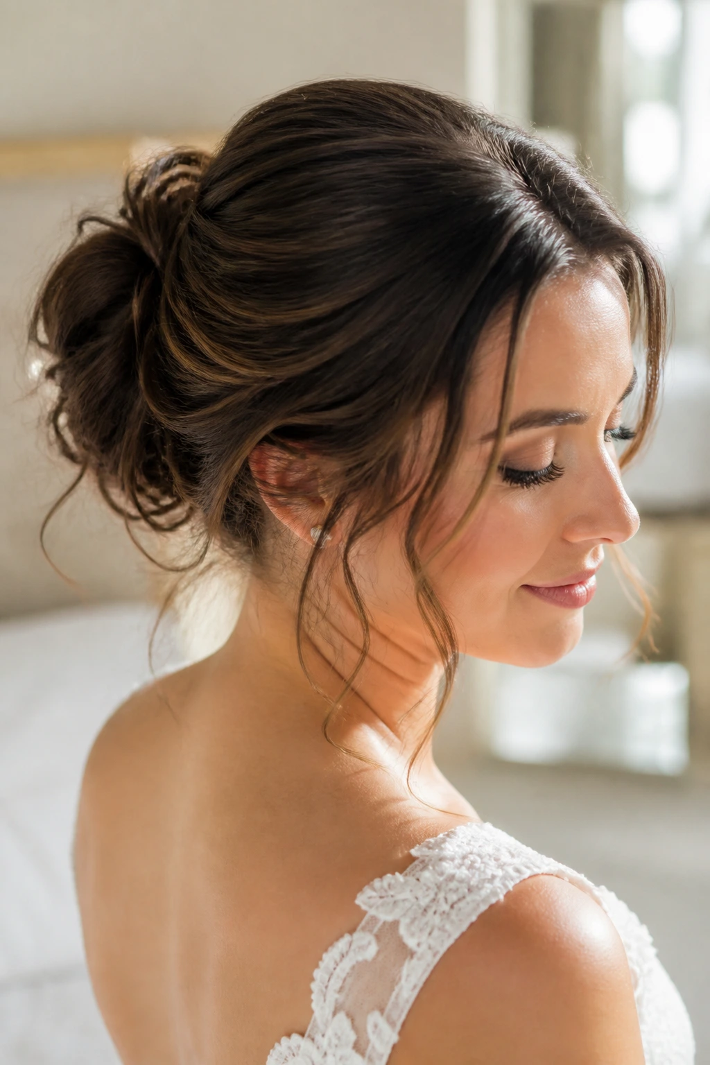 Bride with textured messy bun and tendrils around the face