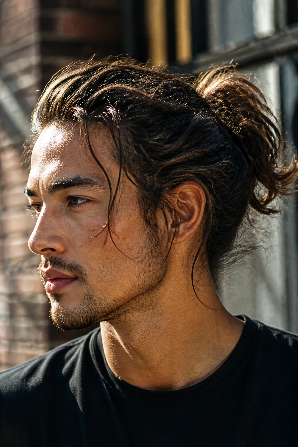 Close-up portrait of a man with a textured messy ponytail in warm outdoor light