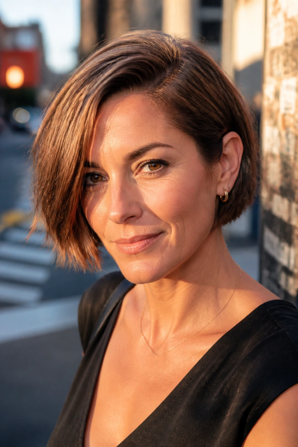 Real woman with a textured micro bob and deep side part outdoors