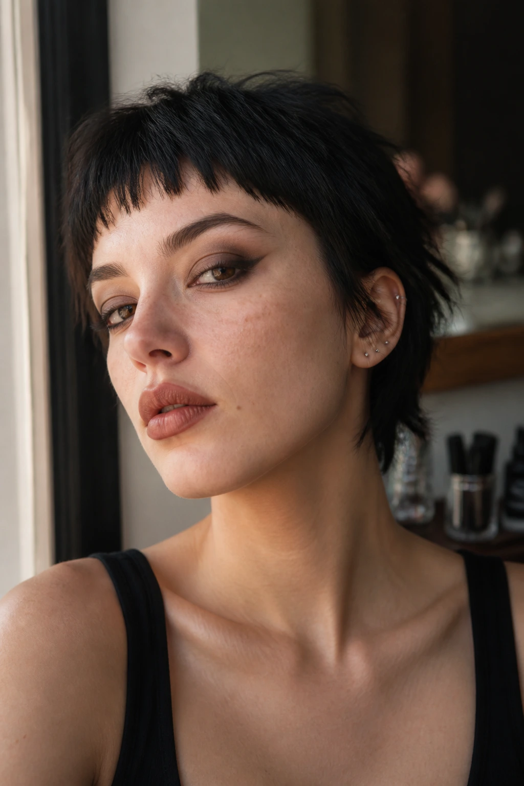 Close-up of a micro fringe on a short dark-haired real person