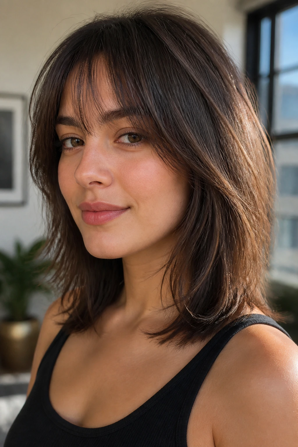 Close-up of a real woman with textured midi cut and invisible layers