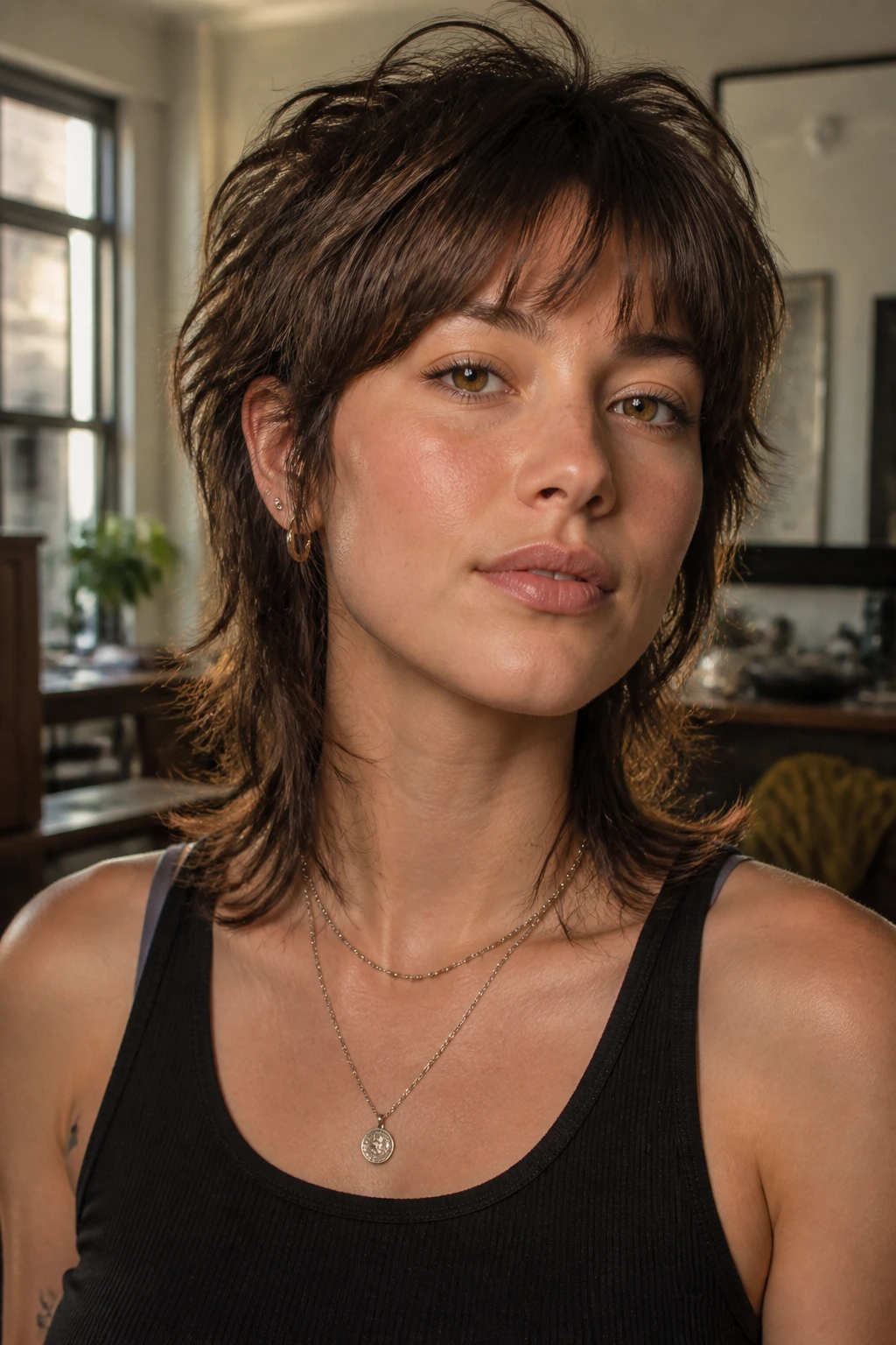Close-up portrait of a real person with a textured mullet and feathered bangs in warm window light