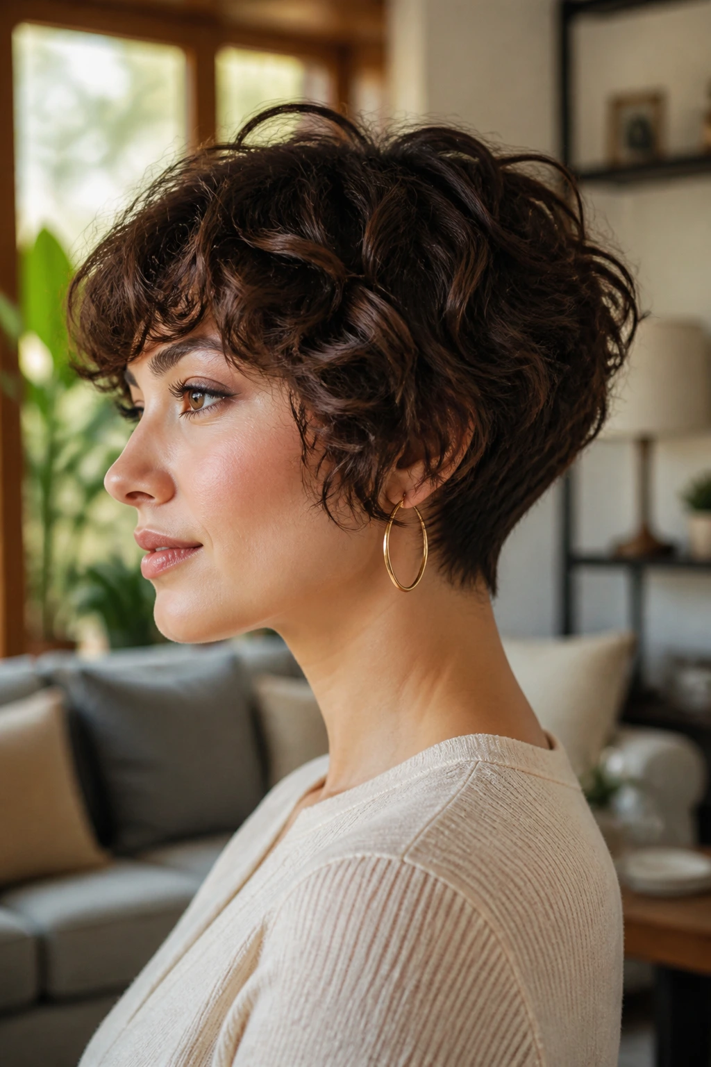 Close-up portrait of a real woman with a textured mushroom bob and tapered nape