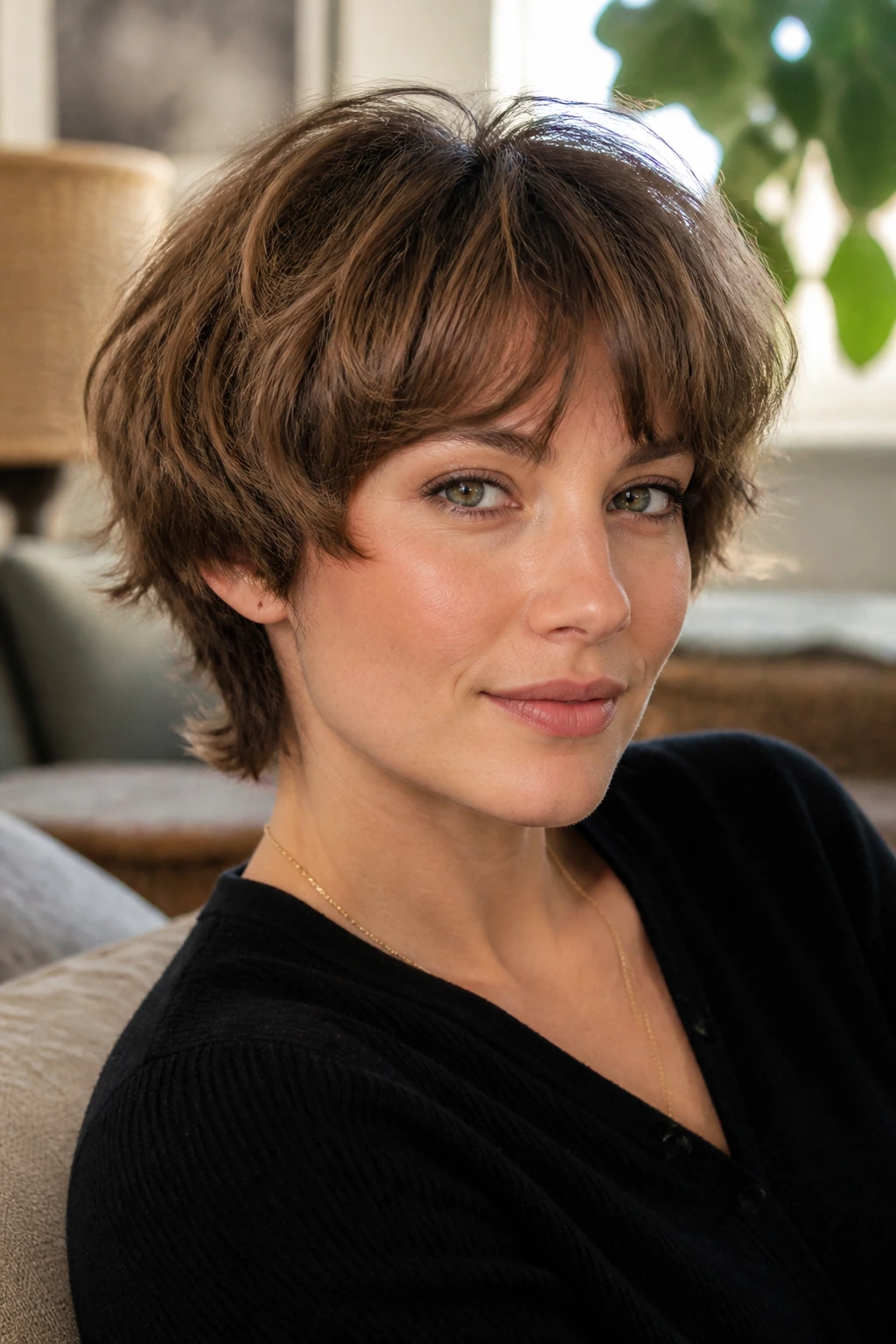 Close-up of real woman with textured mushroom shag