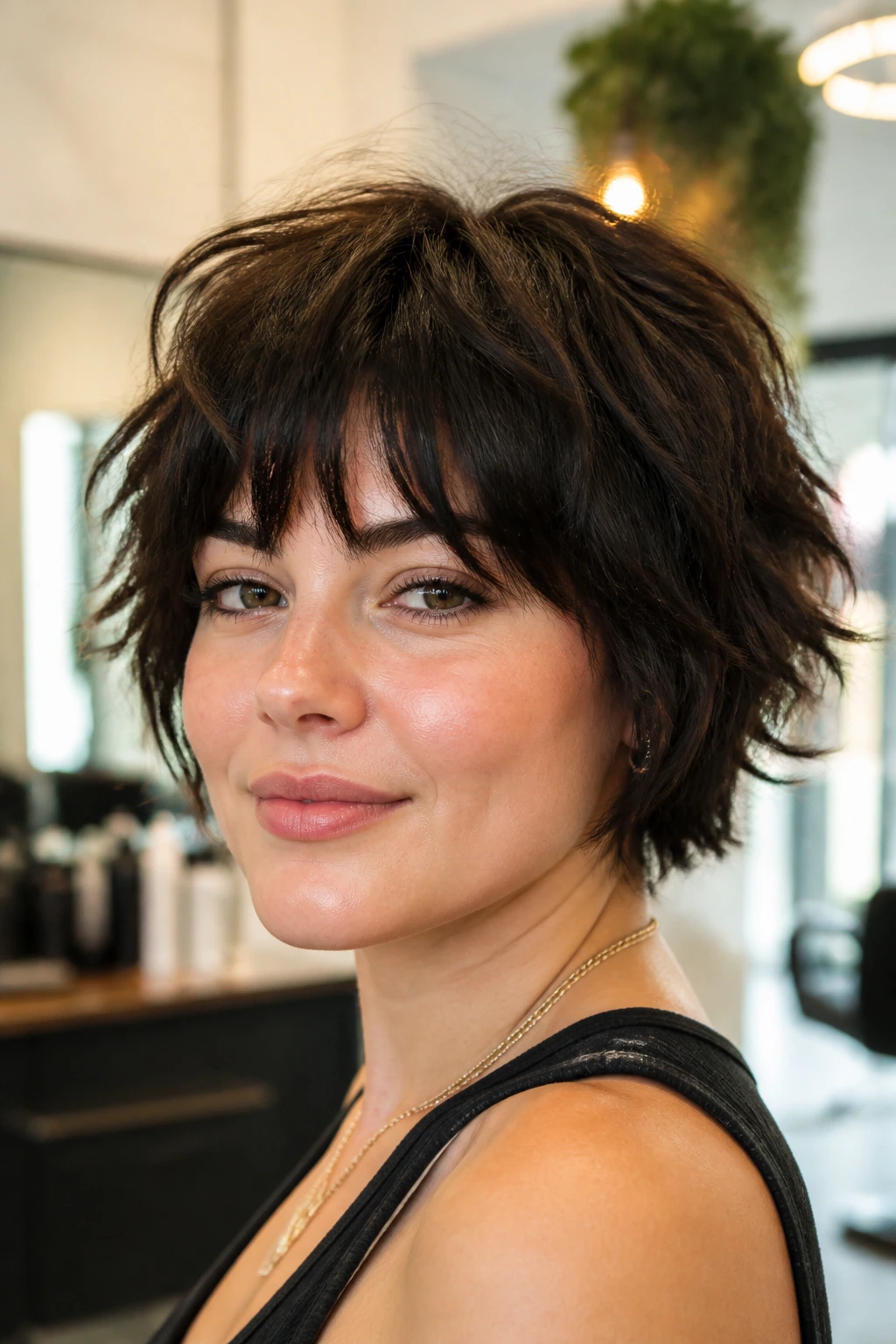 Close-up of a real woman with textured mushroom shag and broken fringe in bright salon light