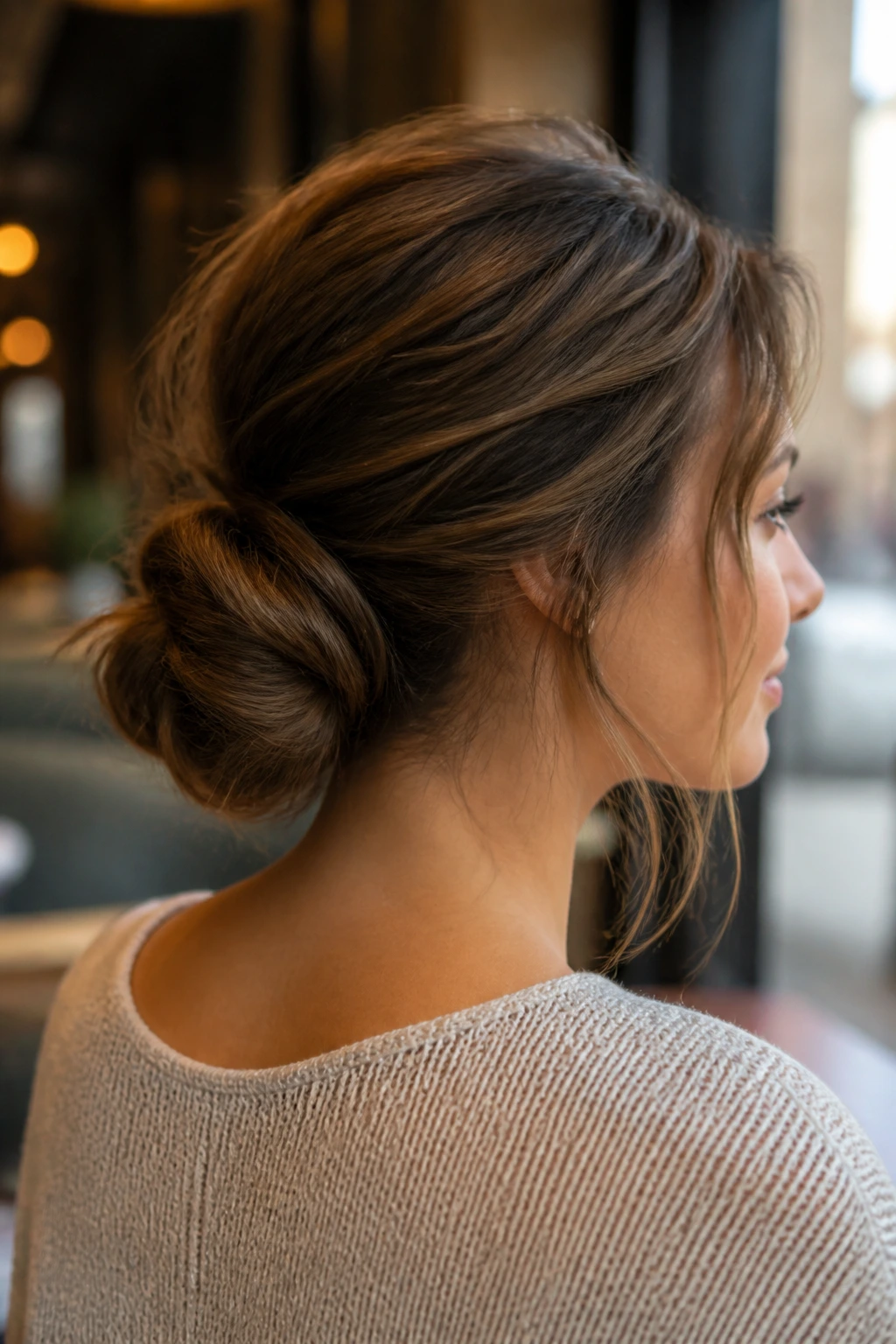 Close-up of a real woman with a textured nape bun