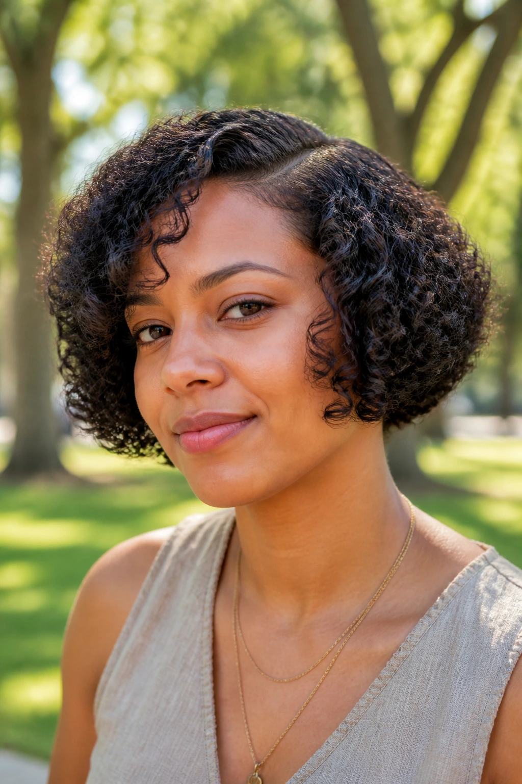 Close-up of a person with a textured pageboy hairstyle in natural light