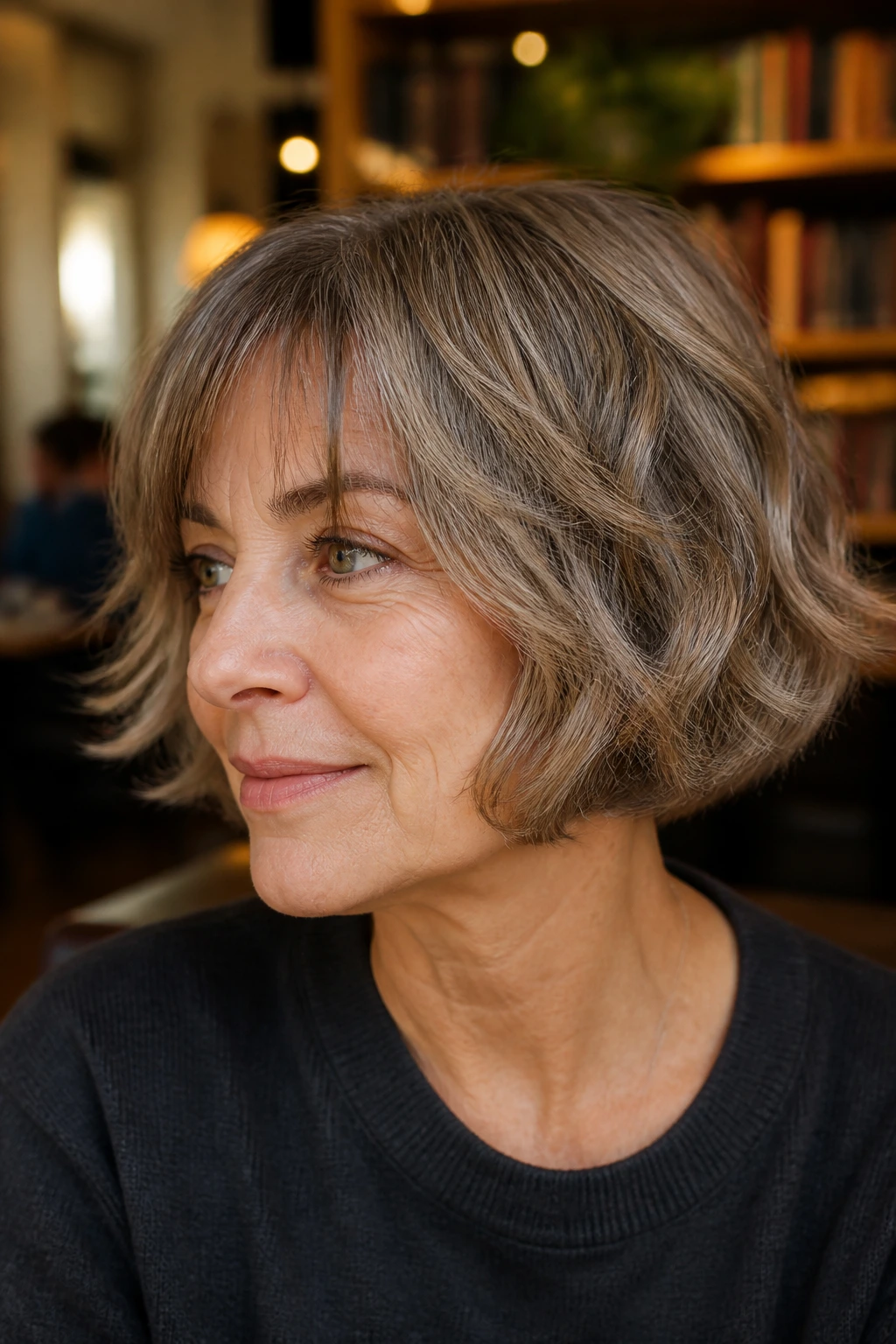 Real woman with textured pageboy in warm-cafe setting