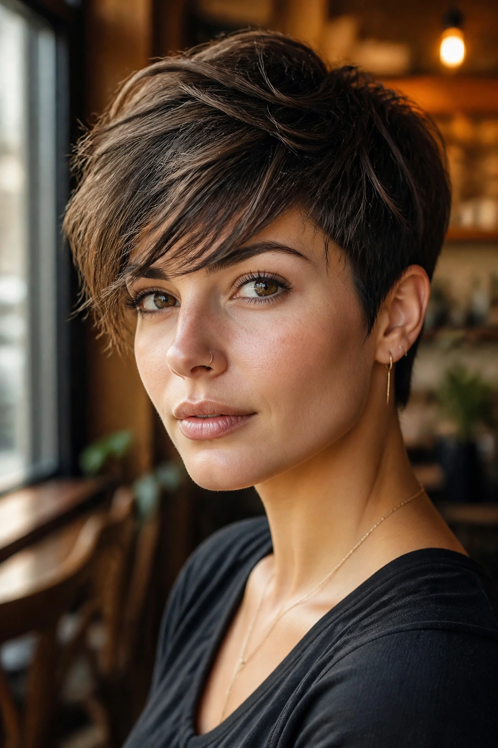 Close-up of a person with a textured pixie and long bangs in a cafe setting