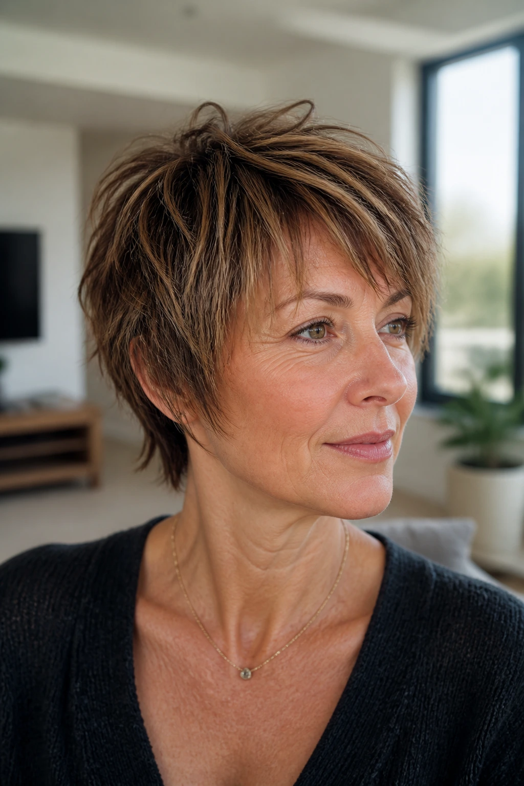 Close-up of a real woman with textured pixie-bob and piecey layers