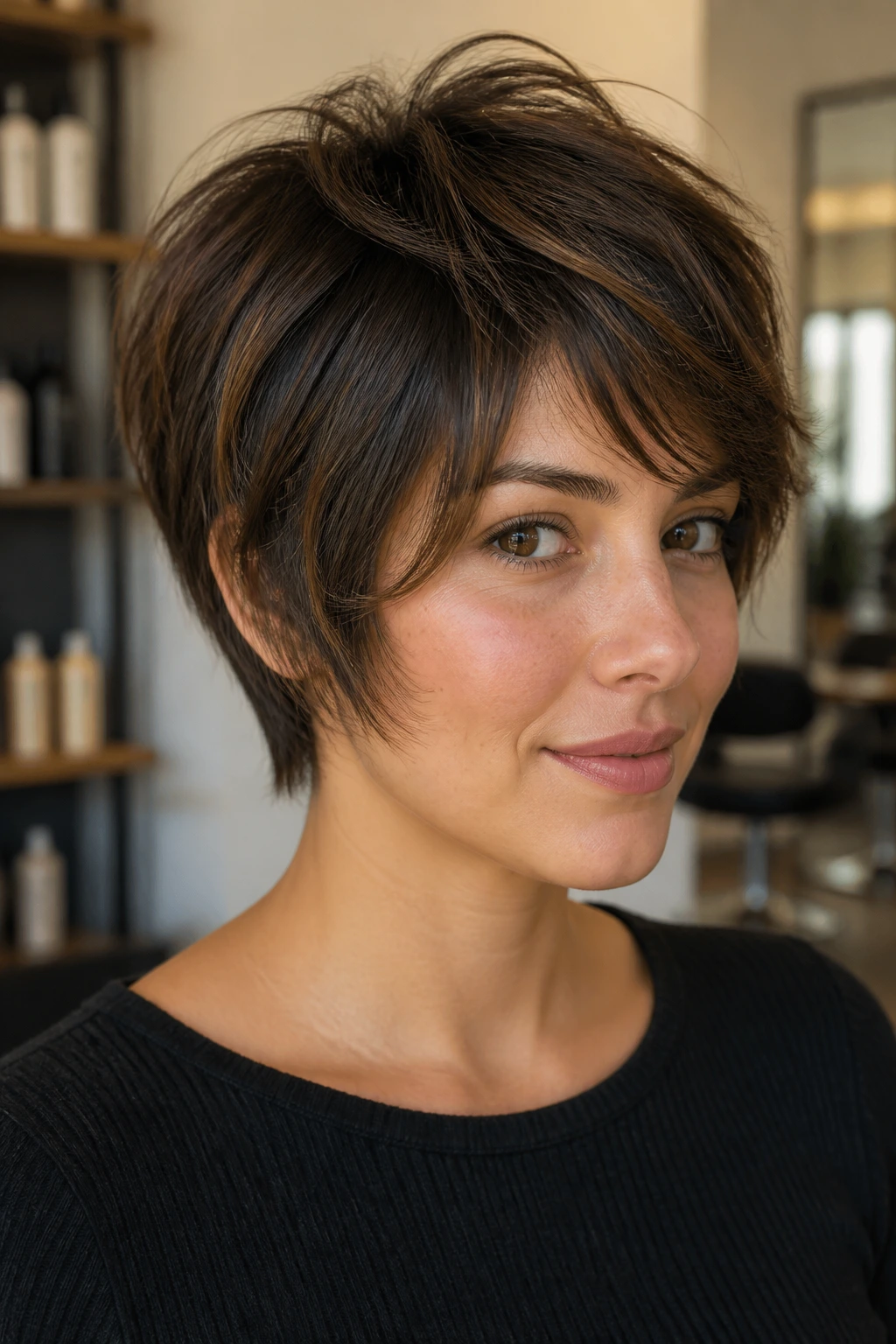Portrait of a woman with a textured pixie bob.