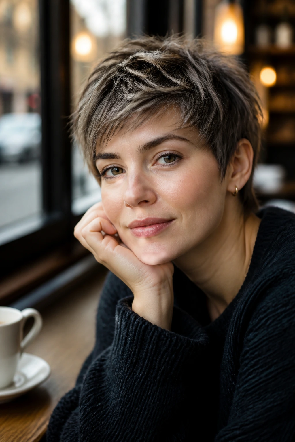 Close-up of a real woman with a textured pixie crop in natural light
