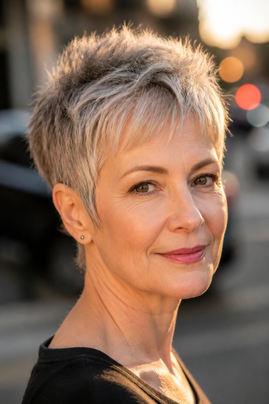 Textured pixie crown hairstyle on a real woman in urban setting