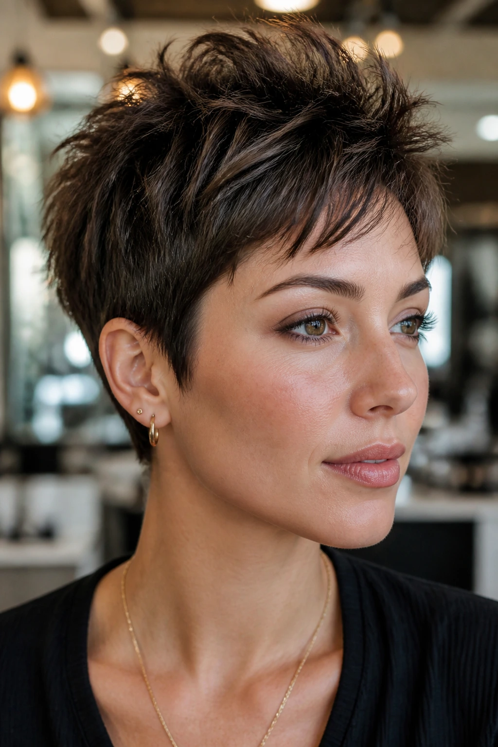 Close-up portrait of a woman with a textured choppy pixie and crown lift