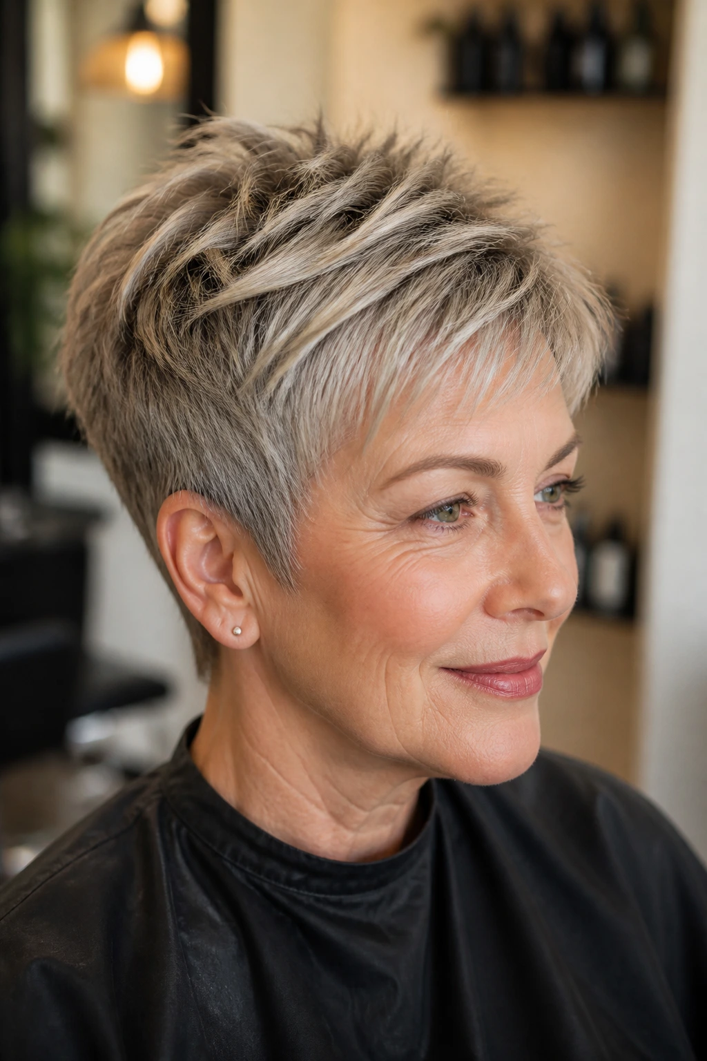 Close-up of a real woman with textured pixie lifting hair at crown