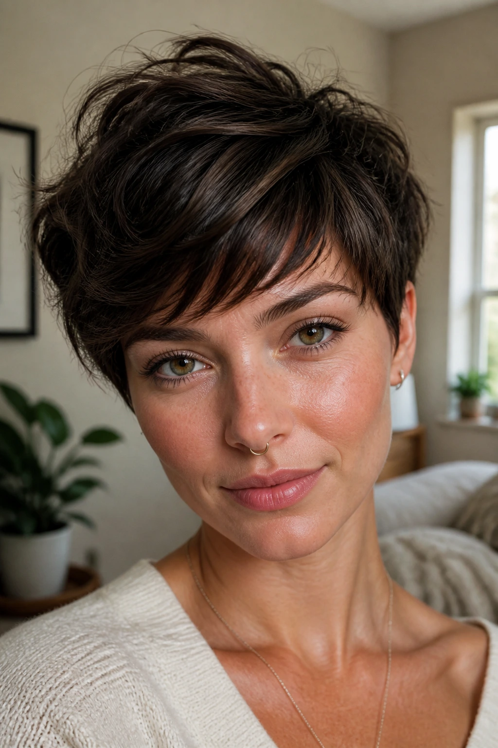 Close-up portrait of a person with a textured pixie and soft fringe
