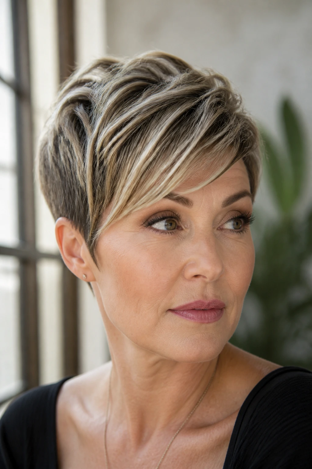 Close-up of a real woman with a textured pixie and side fringe