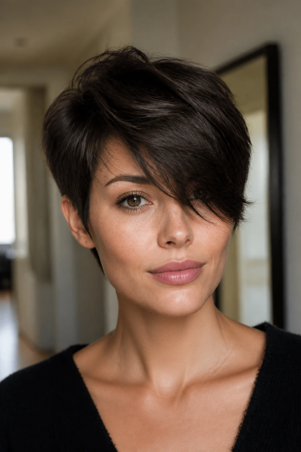 Close-up portrait of a real person with textured pixie and deep side-part fringe in natural light