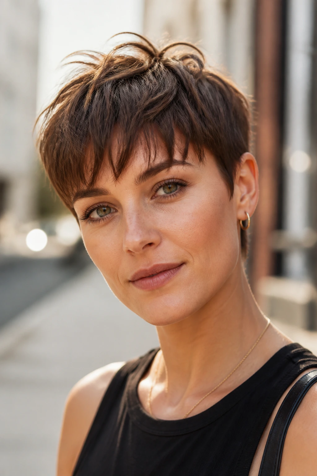 Close-up of a woman with a textured pixie and piecey fringe
