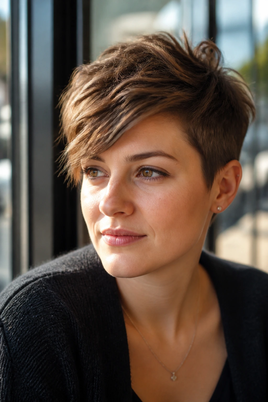 Close-up of a woman with a textured pixie and side-swept fringe in warm daylight